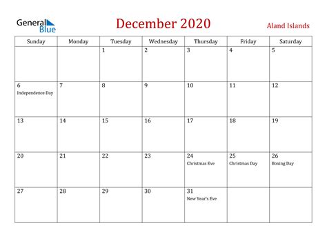 December 2020 Calendar Aland Islands