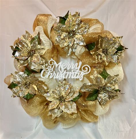 Gold Poinsettia Wreath Glitter 8 Faux Poinsettias On Gold And Cream