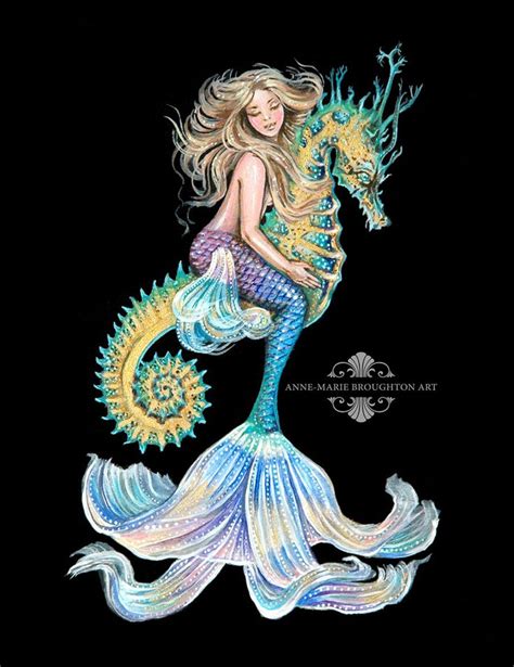 8x10 Inch Print Mermaid Riding Seahorse Art Unframed Full Etsy