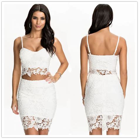 Solid White Lace Two Piece Bodycon Slim Women Dress Spaghetti Strap 2 Piece Party Dresses High