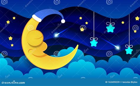 Cute Cartoon Moon In The Night Sky Sleeping Moon Good Night Children