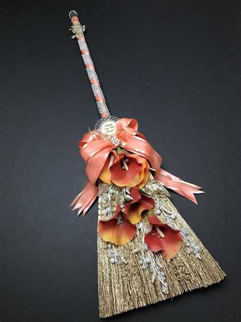 Coral And Gold Wedding Broom With Calla Lilies