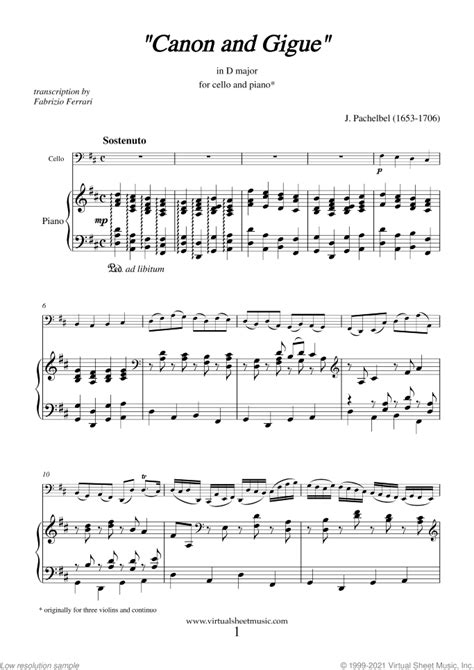 Canon In D Sheet Music For Cello And Piano Pdf Interactive