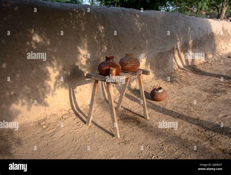 Traditional Clay Pot Of Water In Village Of Punjab Mud Pitcher On The