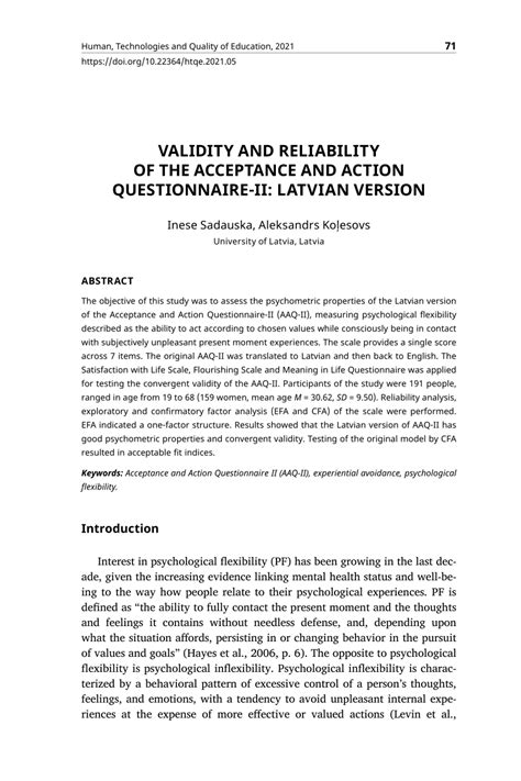 Pdf Validity And Reliability Of The Acceptance And Action