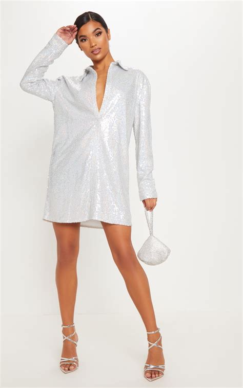 Silver Sequin Shirt Dress Dresses Prettylittlething Il