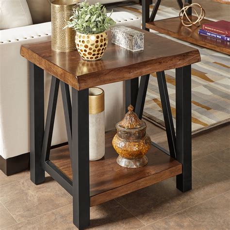 Weston Home Rustic Metal Base End Table With Natural Edge Table Top And