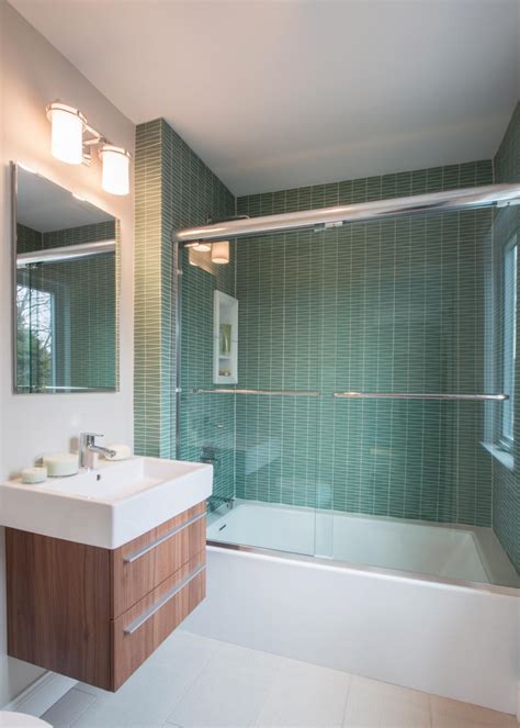 Contemporary Guest Bath With Green Wavy Tile Shower And Floating Vanity