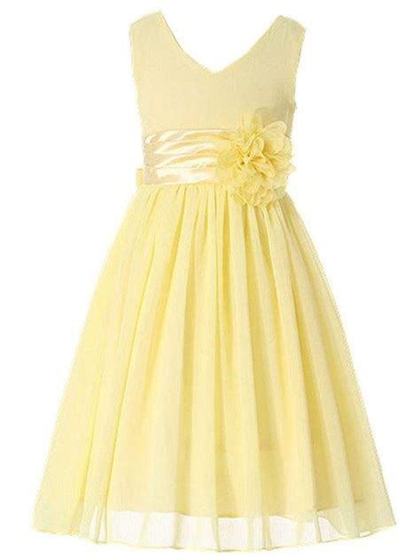 Junior Bridesmaids V Neckline Chiffon Flower Girl Dress Yellow