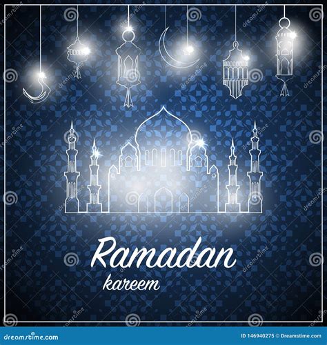 Ramadan Greeting Card On Blue Background Vector Illustration Stock