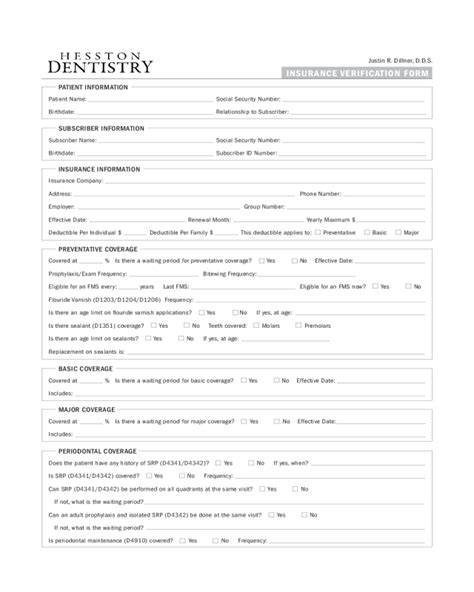 2022 Dental Insurance Verification Form Fillable Printable Pdf