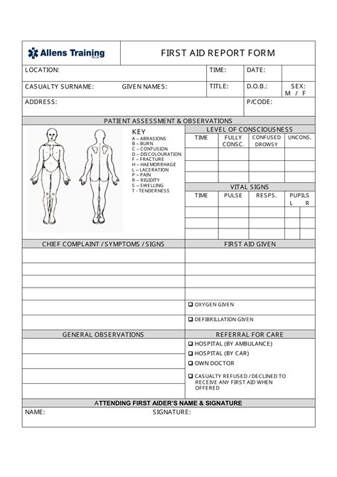 Free Printable First Aid Treatment Form Printable Forms Free Online