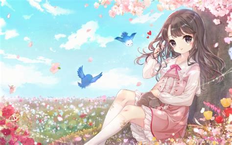 Desktop Wallpaper Cute Anime Girl Outdoor Sit Meadow