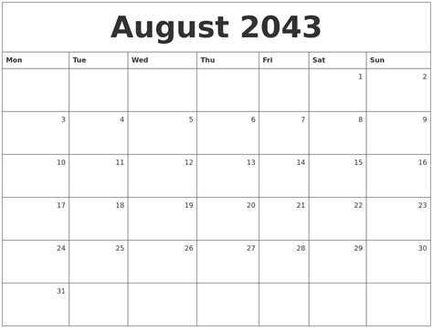 August 2043 Monthly Calendar
