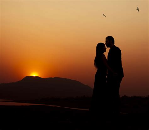 Couple Engaged Evening Happy Love Newy Wed Romantic Silhouette