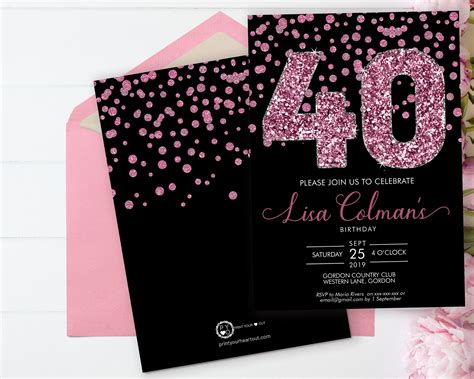 Diy 40th Birthday Confetti Invitation Printable Template Black Pink