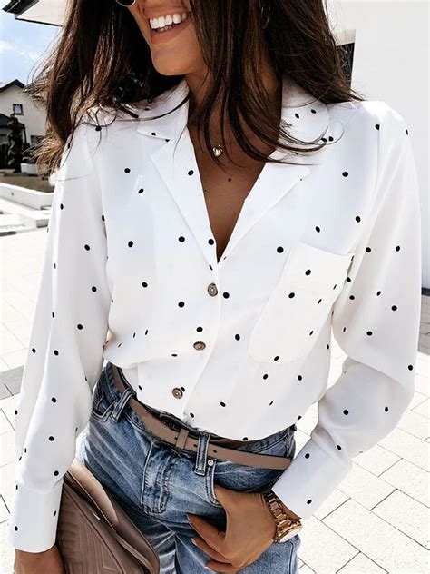 women polka dot long sleeve casual white shirts with chest pocket sale sold out