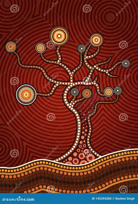 Tree On The Hill Aboriginal Tree Aboriginal Art Vector Painting With
