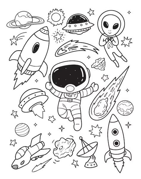 An Astronaut Coloring Page With Space And Rockets