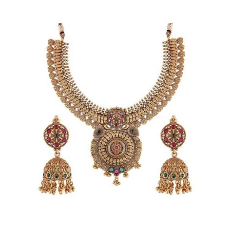 I Jewels 18k Rajwadi Gold Plated Traditional Brass Temple Choker Necklace Jewellery Set For
