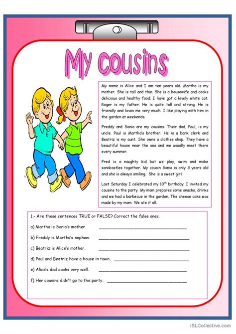 My Cousins Reading For Detail Deep English Esl Worksheets Pdf And Doc