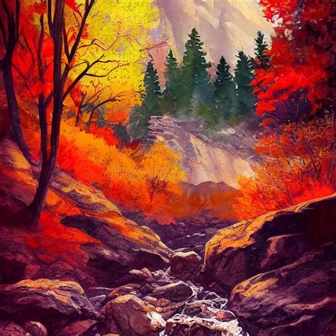 Hiking In The Autumn Mountains Watercolor Drawing Stock Illustration