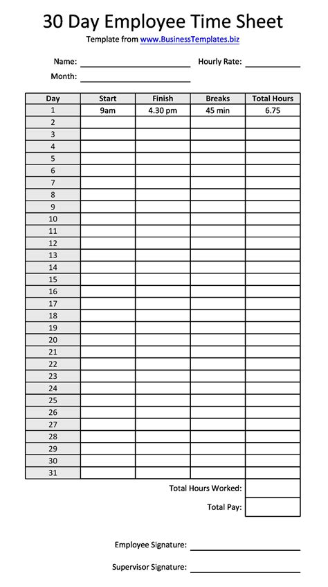 Free Sample 30 Day Employee Time Sheet Template Time Sheet Printable