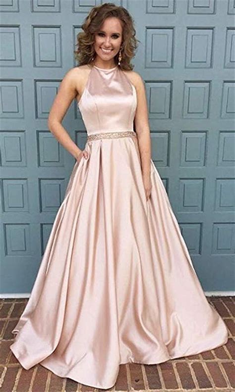 Womens Halter Prom Dress With Pockets Long Formal Evening Gowns