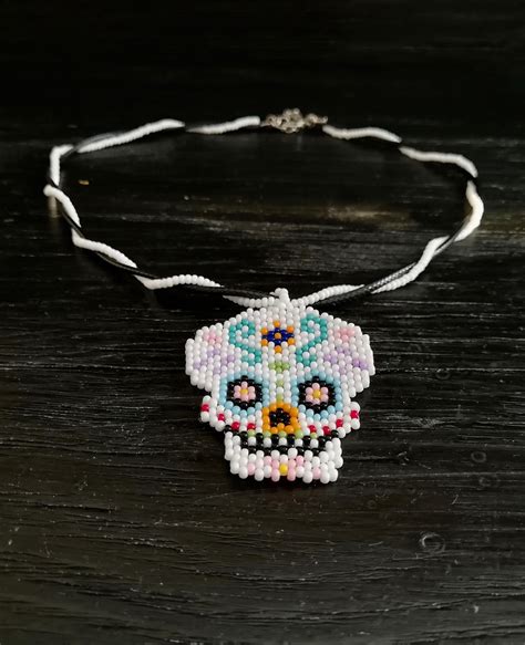 Human Sugar Skull Beadwork Art Pendant Necklace Jewelry Happy Etsy