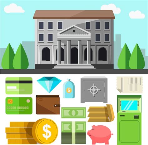 Premium Vector Bank Building And Icons Set