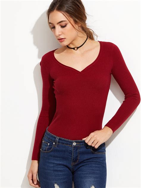 Burgundy V Neck Ribbed Sweater Sheinsheinside