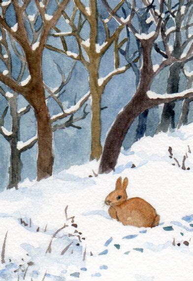 Bunny Art Aceo Original Watercolor Miniature Art Snow Etsy Winter