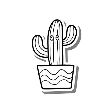 Black Line Cartoon Cactus With Face On White Silhouette And Gray Shadow