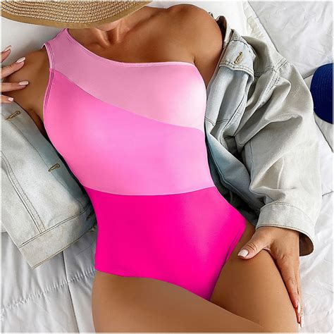 Ecqkame Women Tummy Control Bathing Suits Clearance Shoulder Match Color Sexy High Waist One