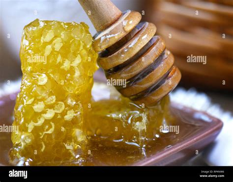 Close Up Shot Of Honeycomb With A Dipper Covered In Honey Focus On The