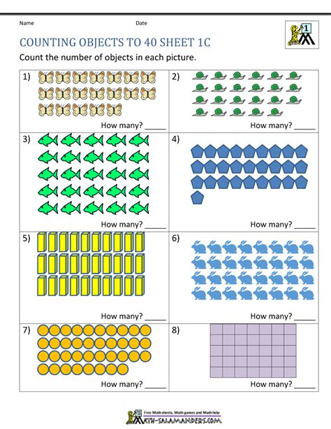 Counting Numbers 1-40 Worksheets