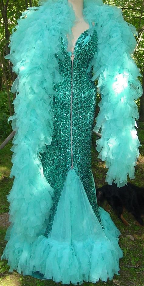 Burlesque Mermaid Teal Aqua Sequin Dress Boa Mermaid Sequin