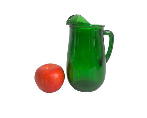 vintage green glass pitcher emerald green pitcher w unique handle retro home kitchen decor