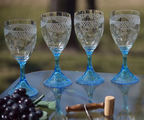 Vintage Etched Crystal Wine Glasses Set Of 4 Tiffin Franciscan Circa 1920 Vintage Etched Blue