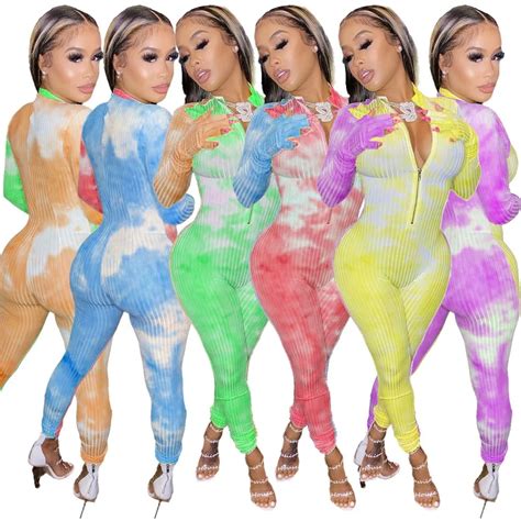sexy tie dye club party jumpsuits zipper v neck long rompers with gloves long sleeve stripe