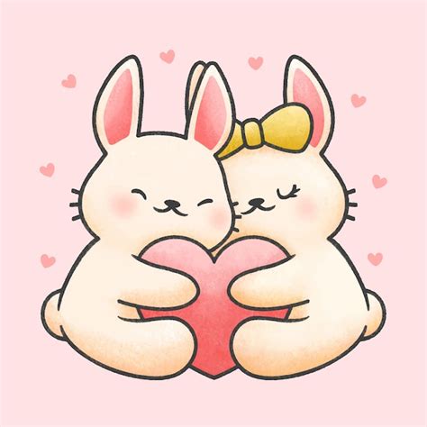Premium Vector Cute Rabbit Couple Hugging Heart Cartoon Hand Drawn Style
