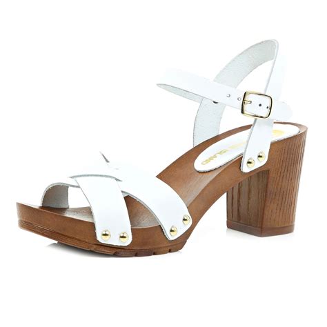 river island white leather wooden heel clog sandals in white lyst