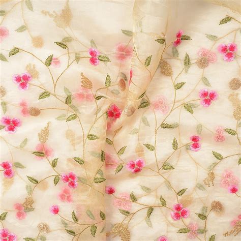 Cream Organza Fabric With Green And Pink Flower Embroidery 51061 Runfab