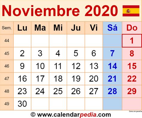 Calendario Noviembre 2020 En Word Excel Y Pdf Calendarpedia