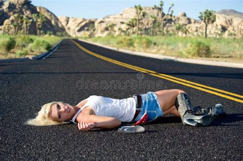Blond Woman Drunk Laying On Highway Stock Photo Image Of Daytime Country