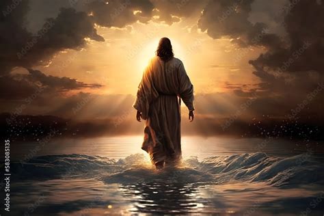 Jesus Christ Walking On The Water On The Sunset Ai Generated Stock