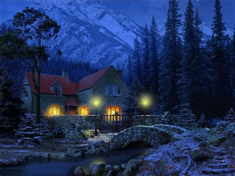 Winter Night Cottage Wallpaper Cottage Stone Cottages