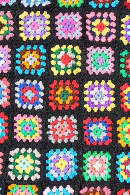 Vintage Crochet Wool Afghan Blanket Black W Bright Colors Granny Squares