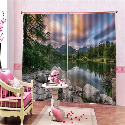 3d Blackout Curtain Pure Mountain Lake Scenery With Trees And Cloudy