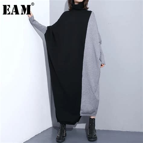 Eam 2019 New Spring Winter High Collar Long Batwing Sleeve Black Hit Color Hit Color Knitting